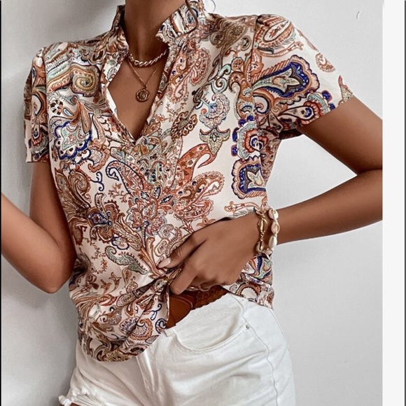 Boho Paisley Floral Print Notched Neck Top Blouse - Picture 3 of 10